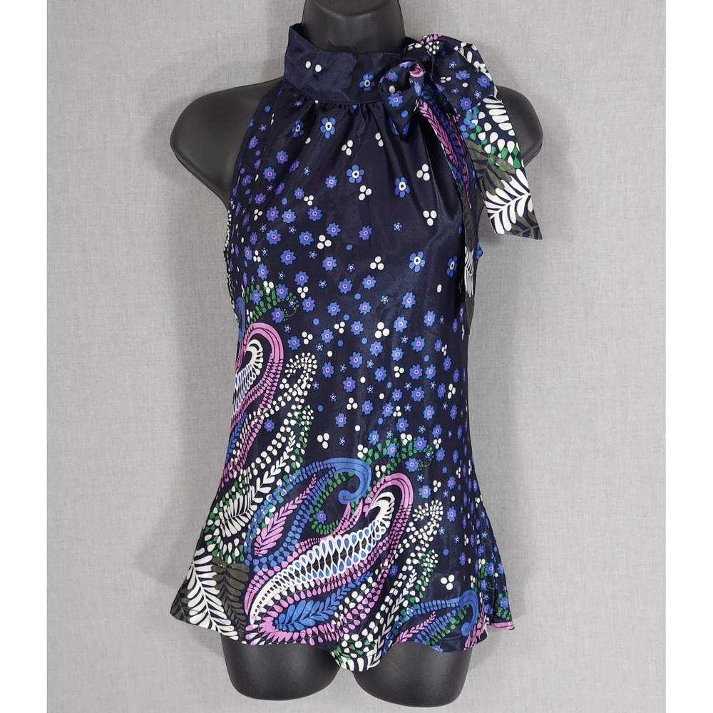 Joy Joy Satin Scarf Neck Paisley Resort Boutique Chic Sleeveless Top Navy S